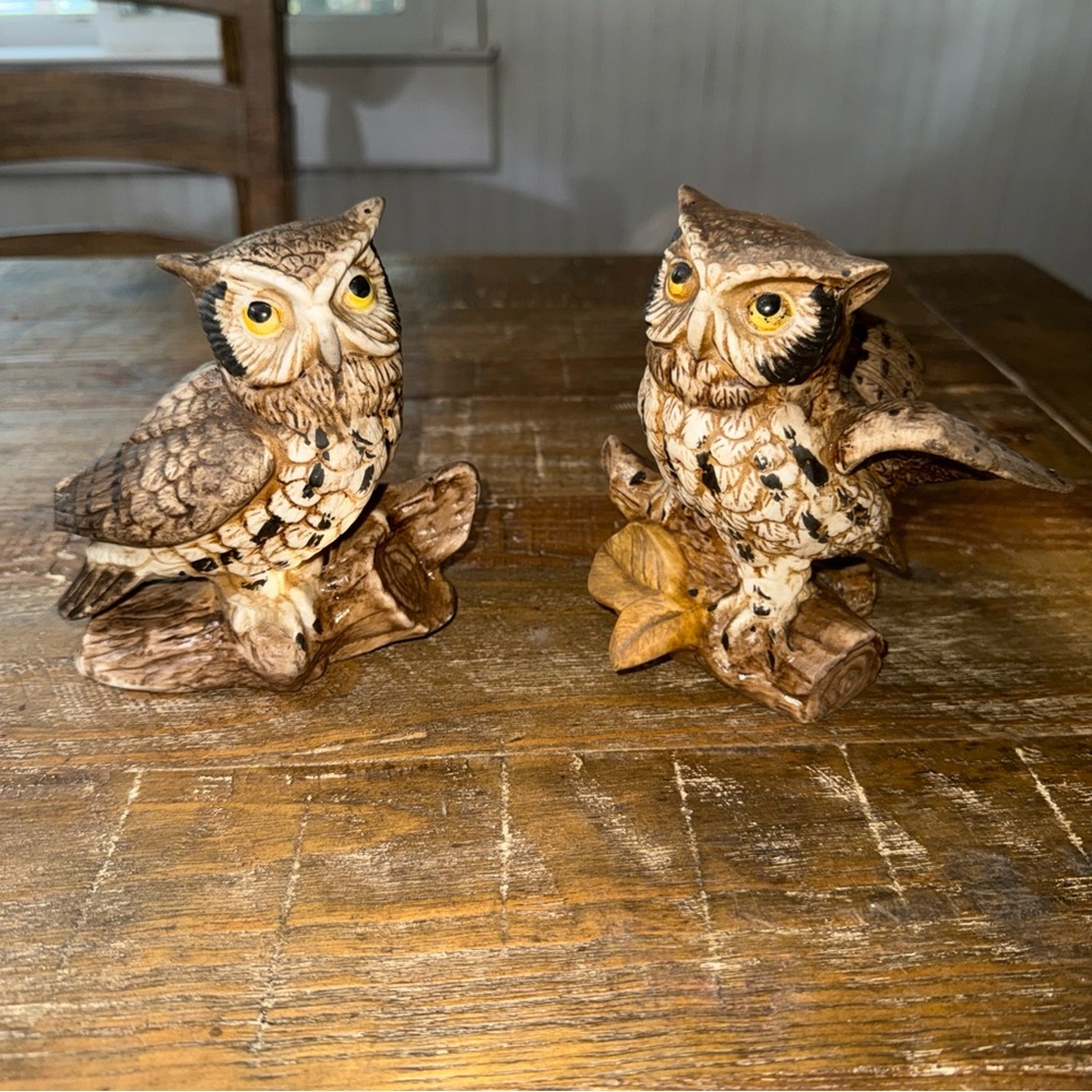 Homco vintage Porcelain Owl Pair in Brown, Cream and Yellow Accents